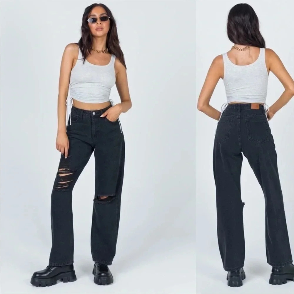 Princess Polly Black Distressed High-Rise Straight Jeans